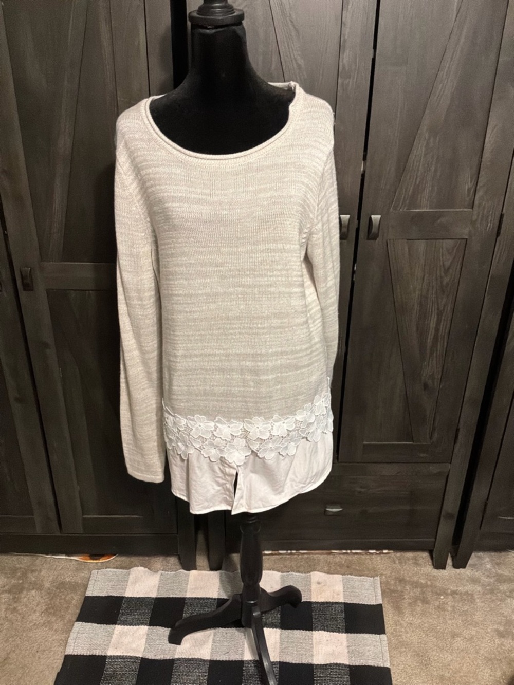 AB Studio Ivory Knit Sweater with Lace-Effect Hem